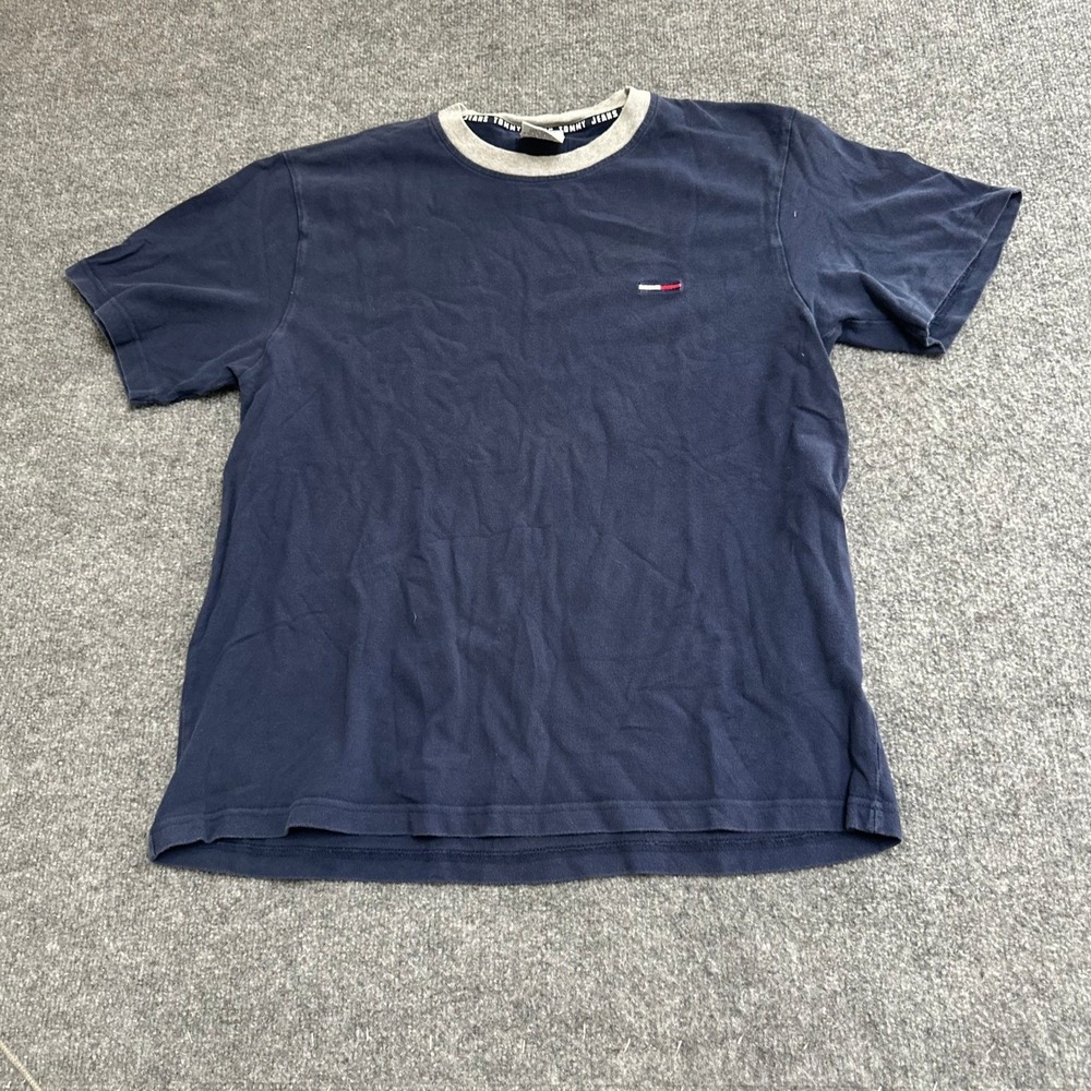 Tommy Jeans T-Shirt Mens Size XL Navy Blue Ringer Neck Short Sleeve Cotton Logo